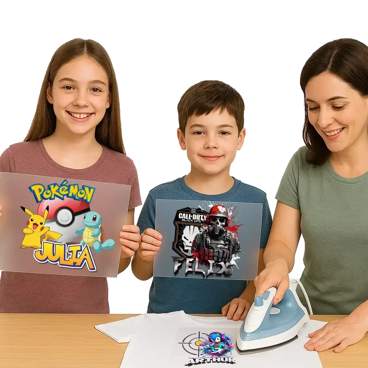 2-enfants-avec-film-DTF-et-une-femmae-avec-le-fer-a-repassser Impression sur film DTF – Personnalise avec ton image – Image 1